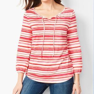 Talbots Gathered Tie-Neck Top in Pink and White Watercolor Stripe Size Large